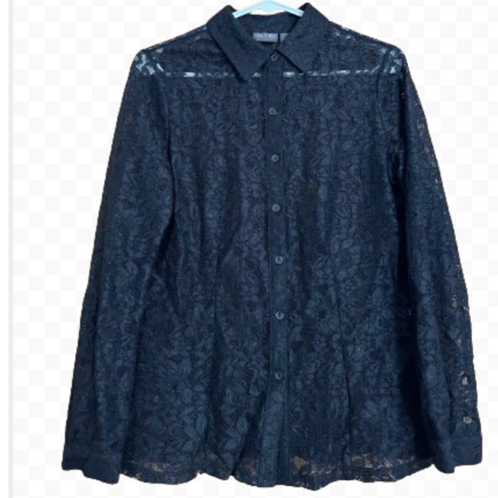 Chico’s Women’s Black Sheer & Lace Button Front Shirt Sz-S